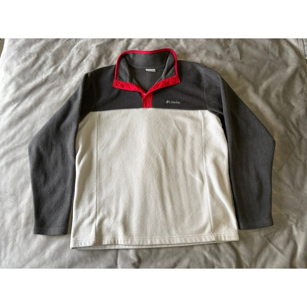 Columbia Mens Fleece Pullover Large Colorblock Gray Cream Red Snap Mock Neck